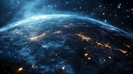 Obraz premium Earth viewed from space, illuminated by city lights and surrounded by stars, showcasing the beauty of our planet.