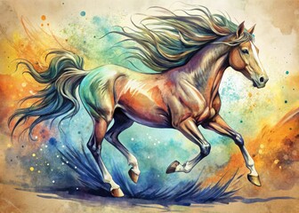 Whimsical hand-drawn illustration of a majestic horse in motion, featuring bold lines, expressive gestures, and subtle texture, evoking a sense of freedom and elegance.