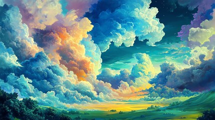 Stunning landscape with vibrant clouds at sunset, capturing the beauty of nature in a colorful and dramatic scene.