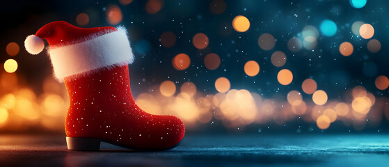 Festive Christmas boot with vibrant bokeh lights in the background, perfect for holiday-themed designs.