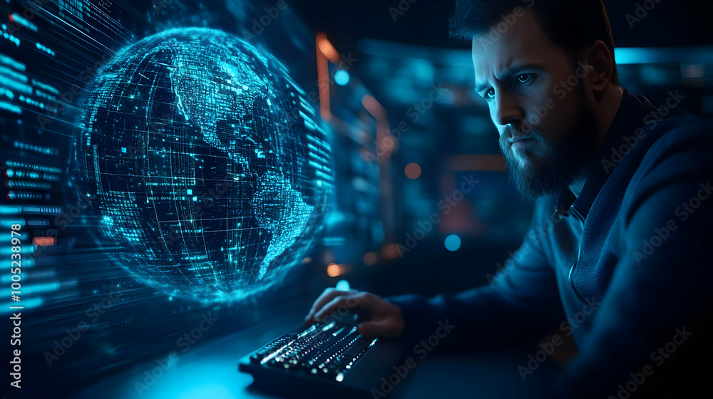Poster focused man using keyboard with digital globe backdrop, futuristic interface, technology concept.