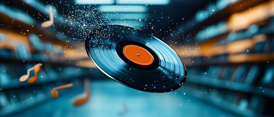 Flying vinyl record with musical notes, vibrant background blur.