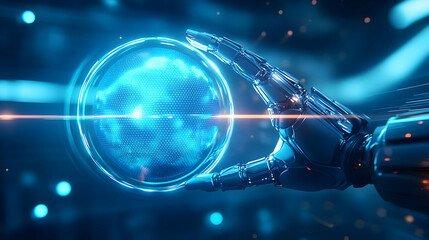 Futuristic robotic hand holding a glowing blue orb, digital effect, advanced technology background, innovation concept.