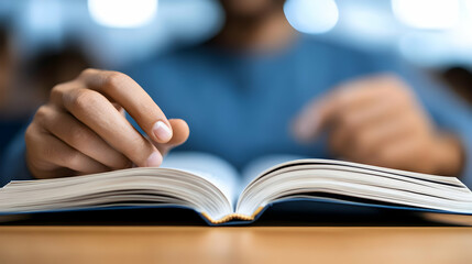 Person reading a book with focus and curiosity in a thoughtful atmosphere.