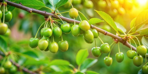 Closeup of green cherry tree branches with ripe berries in a garden , cherries, tree, branches, ripe, juicy, berries, garden
