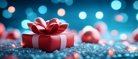 Red gift box with bow on blue glitter background, festive and cheerful atmosphere, perfect for celebrations.