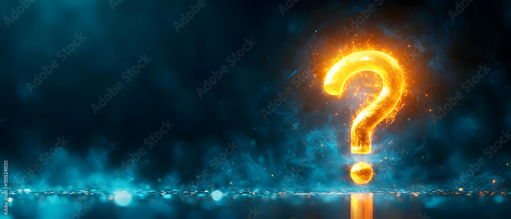 Wall mural glowing question mark symbol in a mystical blue background with smoke effects.
