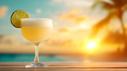 Refreshing cocktail with lime slice, sunset backdrop at tropical beach.