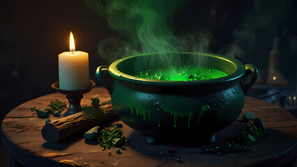 Obraz premium a detailed illustration of a witch's cauldron filled with boiling green liquid for Halloween Background