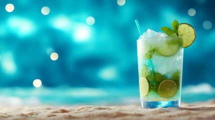 Refreshing mojito cocktail with lime and mint on a beach background.