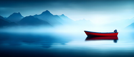 Serene view of a red boat floating in misty waters, surrounded by tranquil mountains.