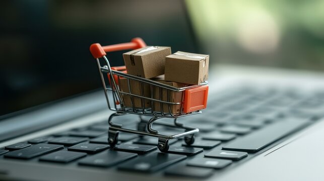 A miniature shopping cart filled with cardboard boxes sits on a laptop keyboard, symbolizing online shopping and ecommerce.