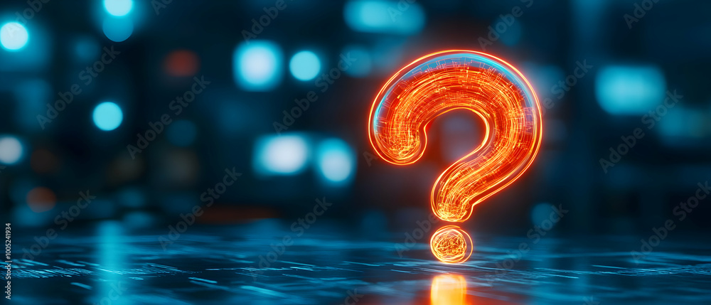 Wall mural illuminated question mark symbol on a reflective surface with a blurred techy background.