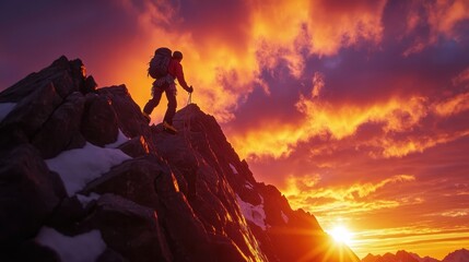 Climber Reaching Summit at Sunset with Dramatic Sky and Mountain Range