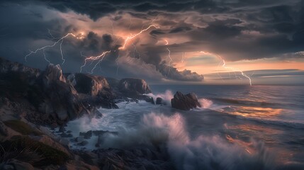 lightning illuminating the rocky coastline during a fierce storm, with crashing waves and dramatic...