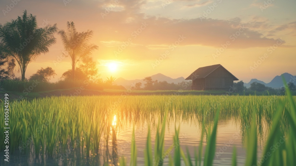 Canvas Prints Sunset Over a Lush Paddy Field