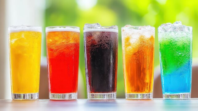 A vibrant array of assorted drinks awaits, each glass brimming with color, set against a softly blurred backdrop.