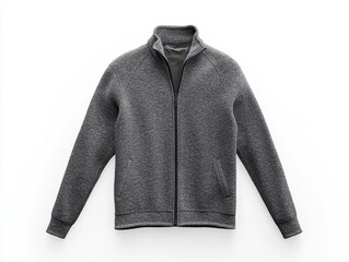 Grey Zip-Up Fleece Jacket Isolated on White Background - Men's Fashion Clothing
