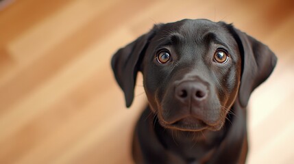 A curious black dog looks up at the camera with bright eyes, perfectly framed against a soft, blurred backdrop.
