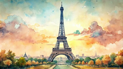 Whimsical illustration of the iconic iron lattice tower set against a soft, dreamy Parisian cityscape with subtle watercolor textures and delicate linework.