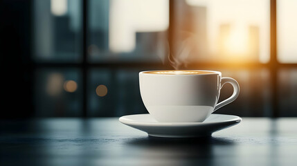 Fototapeta premium Steaming coffee cup on a table with urban background, warm light and cozy ambiance.