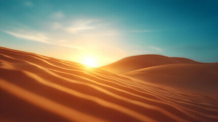 Stunning desert landscape at sunset with soft sand dunes and a clear blue sky.