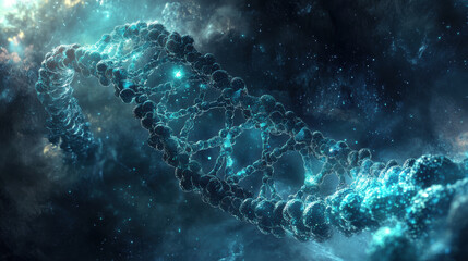 Obraz premium stunning visualization of floating DNA double helix intertwined with cosmic elements, showcasing beauty of molecular structures in vibrant, starry background