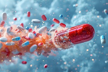 Pills soaring against a blue backdrop  a 3d illustration for medical text placement