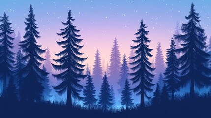 Silhouettes of Pine Trees Against a Purple and Blue Gradient Sky with Stars.