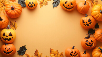 Minimalist Halloween Decorations with Pumpkins on an Orange Background, Featuring a Large Blank Space in the Center for Text or Graphics