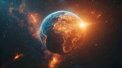 Fototapeta premium Planet Earth illuminated by sunrise in space, surrounded by vibrant cosmic elements.