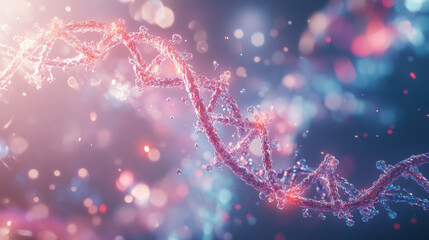 vibrant and intricate representation of DNA double helix, showcasing blend of colors and sparkling elements that evoke sense of wonder and scientific exploration. holographic effect adds depth and