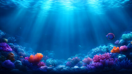 Naklejka premium Vibrant underwater scene with colorful coral reefs and sunlight beams illuminating the ocean floor.