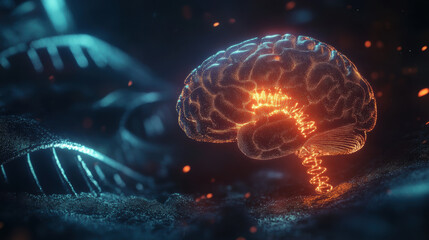 glowing brain with vibrant double helix intertwining, set against mystical background. luminous elements create captivating and futuristic atmosphere, evoking sense of wonder and exploration