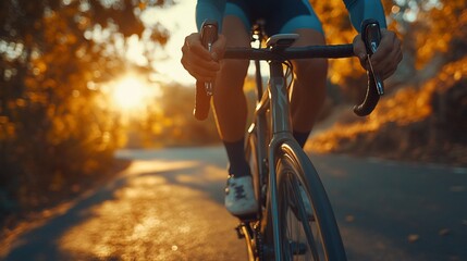 Cyclist rides on a winding road towards the setting sun.