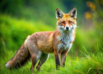 Wild furry predator with distinctive white-tipped tail and pointed snout, standing alert in a green meadow, gazing intensely into the surrounding environment.