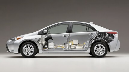 Detailed cross-section view of a modern hybrid car showing internal components and systems, highlighting automotive technology and design.