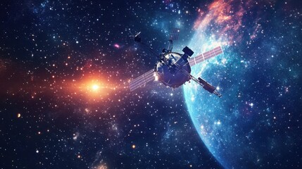 Fototapeta premium An illustration of a probe transmitting data back to Earth, surrounded by stars and celestial bodies, representing communication in space