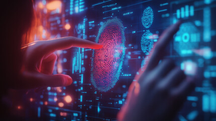 Obraz premium glowing virtual display showcases DNA fingerprint being analyzed, highlighting advanced technology and biometric identification. scene evokes sense of innovation and security