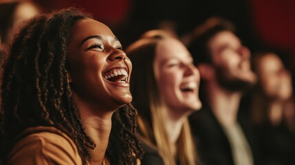 Diverse group of friends enjoying and laughing together at a live event or performance in a theater setting.