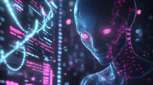glowing virtual interface displaying comparison with futuristic alien figure. intricate details and vibrant colors create captivating and otherworldly atmosphere
