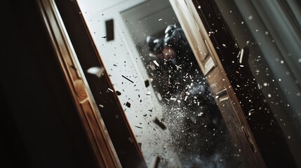 Dramatic action shot capturing a SWAT team breaching a door, with debris flying through the air, showcasing intense and dynamic movement.