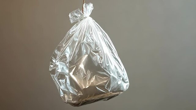 A clear plastic bag hangs from a string against a gray background