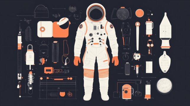 An illustration of a spacesuit's components laid out, detailing the function of each part for educational and scientific purposes