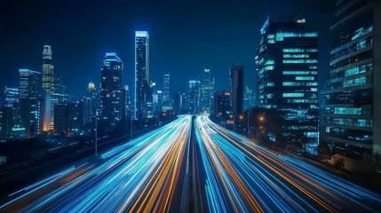 Fototapeta premium Dynamic night cityscape with light trails of traffic showcasing urban life and modern skyscrapers in stunning, vibrant hues.