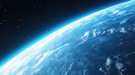 Fototapeta premium Close-up of Earth's atmosphere, with the blue planet's curved horizon and wispy white clouds floating over the oceans