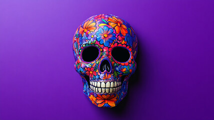 Colorful skull decorated with flowers during the Day of the Dead celebration in a vibrant setting
