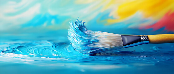 Obraz premium Vibrant blue paint swirling with a brush, showcasing artistic creativity and color mixing.