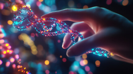 hand manipulating base pairs of holographic DNA strand, showcasing vibrant colors and intricate details. This image evokes sense of wonder and exploration in realm of genetics and technology