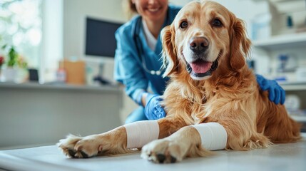 Golden Retriever Recovering After Vet Visit with Bandaged Paws